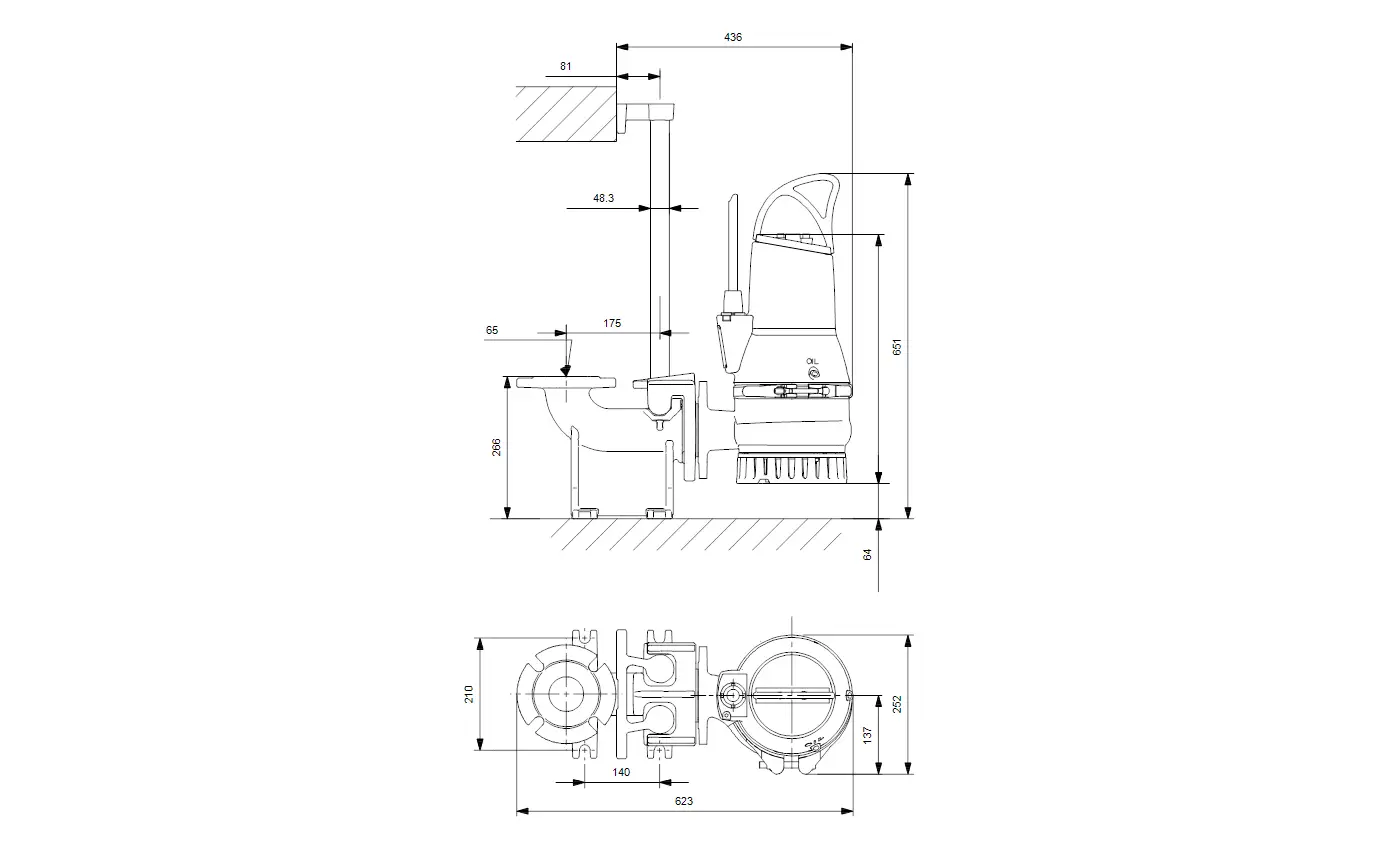 Grafik einer Tauchmotorpumpe von Grundfos mit verschiedenen Ansichten, einschließlich technischer Maße und einer detaillierten Skizze der Pumpenkonstruktion.